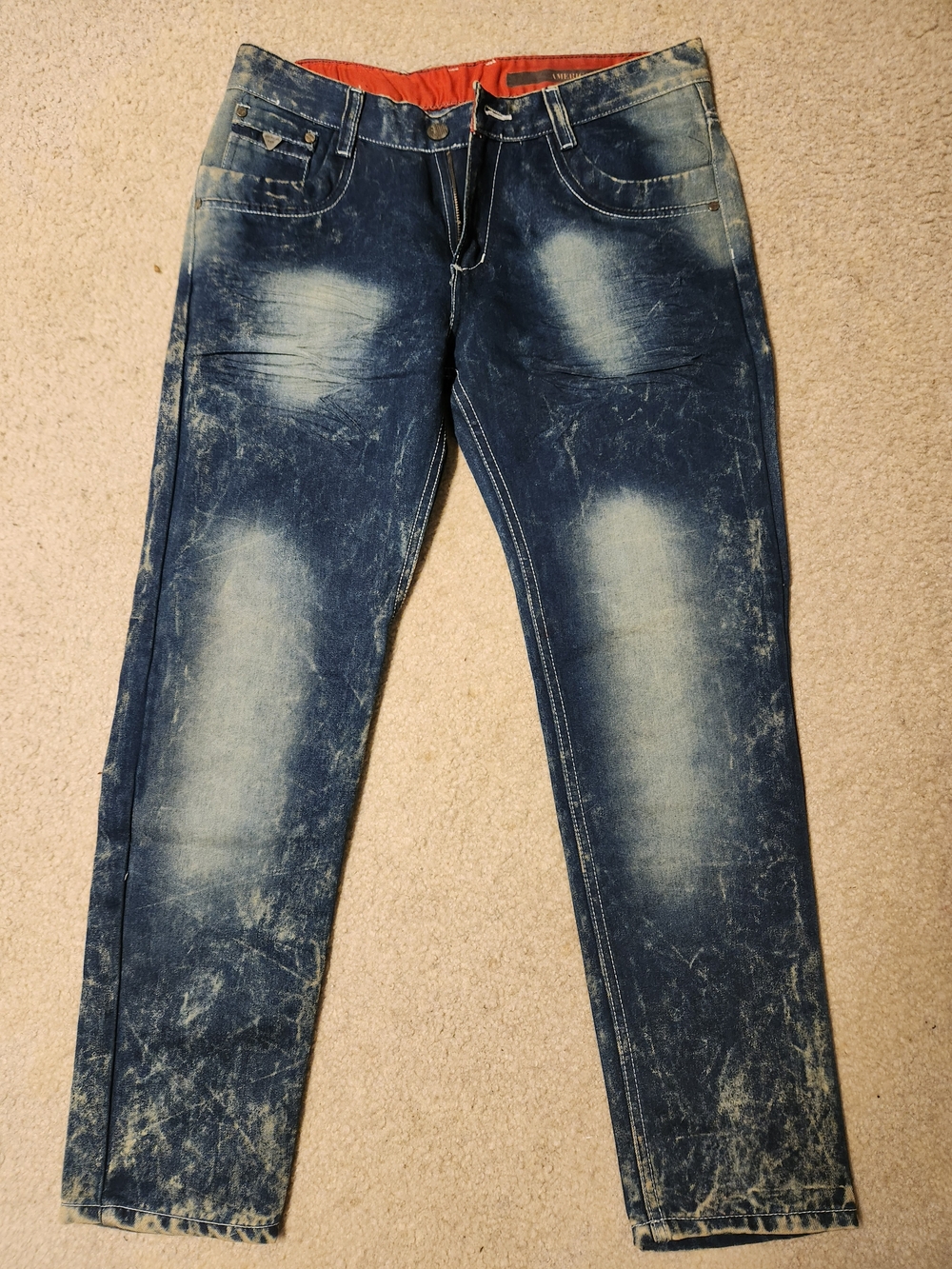 American Ant Men's Blue Slim Straight Jeans with Red Waist Lining 32 waist
